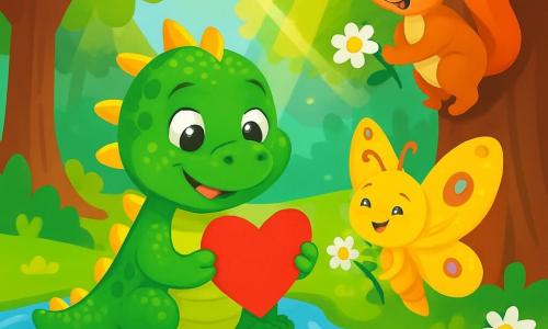 Un dragon mic verde numit Pufuleț, cu solzi strălucitori și ochi plini de bucurie, creează o inimă mare din hârtie colorată, așezat pe o piatră lângă un pârâu sclipitor. Lângă el, un fluturaș auriu numit Zâna, cu aripi translucide și modele colorate, zâmbește ținând o floare sălbatică, în timp ce o veveriță roșie, Pufuleț, se cațără pe un copac, cu ochii plini de entuziasm, pregătită să ajute. Scena are loc într-o pădure magică, unde copacii sunt înalți și umbroși, iar razele soarelui filtrate prin frunze iluminează solul presărat cu flori multicolore. Pufuleț și prietenii săi pregătesc o surpriză pentru ziua mamei, cu expresii de fericire și anticipare pe fețele lor.
