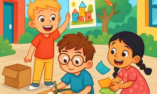 Hay 3 personajes: - Lucas: un niño de 8 años, con cabello castaño desordenado y gafas redondas. Lleva una camiseta azul y un pantalón corto verde. Está sentado en una caja de cartón, rodeado de lápices de colores, dibujando una ciudad colorida. - Tomás: un niño de 7 años, con cabello rubio y una gran sonrisa. Lleva una camiseta roja y un pantalón amarillo. Está de pie al lado de Lucas, sosteniendo un dibujo de la ciudad que hizo, con estrellas en los ojos. - Sofía: una niña de 6 años, con cabello negro trenzado y un vestido rosa con lunares. Está agachada cerca de Lucas, recogiendo hojas de papel de colores que vuelan con el viento, con una expresión alegre en su rostro. El lugar es un patio escolar soleado, con paredes pintadas de colores vivos y árboles verdes. Hay cajas de cartón esparcidas y dibujos coloridos decoran el suelo. El cielo es azul, salpicado de algunas nubes blancas, y el ambiente es alegre y animado. La situación principal muestra a Lucas, Tomás y Sofía creando juntos una ciudad de cartón, llena de colores brillantes. El viento sopla suavemente, haciendo flotar hojas de papel a su alrededor, mientras ríen y comparten su creatividad.
