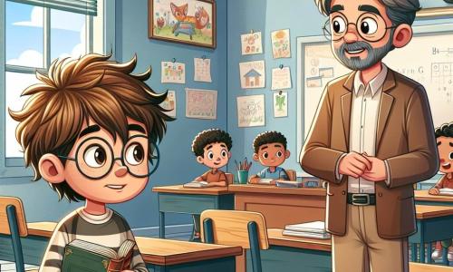 En un aula luminosa, vemos a **Javier**, un niño de 11 años, con el pelo castaño desordenado y gafas redondas, de pie cerca del escritorio del profesor, luciendo nervioso, sosteniendo un libro desgastado en sus manos. A su lado, **el profesor Ramírez**, un hombre de unos cincuenta años con cabello canoso y barba bien cuidada, sonríe con amabilidad, sentado en su escritorio de madera, rodeado de libros y útiles escolares. La clase está decorada con dibujos coloridos en las paredes, con ventanas que dejan entrar la luz del sol, iluminando los pupitres de madera donde otros alumnos están sentados, escuchando atentamente. La situación principal muestra a Javier, dudando en confesar su mentira sobre su perro, mientras el profesor lo anima con una mirada comprensiva. La atmósfera es tensa y cálida, ilustrando un momento crucial de verdad.