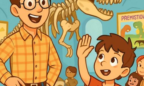 Een leraar, een man van ongeveer dertig jaar, glimlachend en enthousiast, staat voor een enorm dinosaurus-skelet in een museum. Hij draagt ronde bril en een geruit overhemd, zijn ogen stralen van opwinding. Naast hem staat een 8-jarig jongetje, Milan, met rommelig bruin haar en een rode t-shirt, die nieuwsgierig zijn hand opsteekt, klaar om een vraag te stellen. Op de achtergrond kijken kinderen van de klas, jongens en meisjes, verwonderd naar de tentoonstellingen, sommigen maken aantekeningen in hun notitieboeken. Het museum is ruim, met lichtblauwe muren, vitrines vol fossielen en kleurrijke posters over de prehistorie. De belangrijkste situatie toont de leraar die gepassioneerd het verhaal van de dinosaurussen uitlegt, terwijl de kinderen aandachtig luisteren, geboeid door het avontuur van de ontdekking.