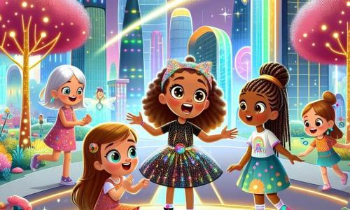 In a futuristic park, Mia, a six-year-old girl with curly hair and sparkling eyes, stands at the center, amazed by her surroundings. To her right, Lily, a girl her age with long, smooth hair, wears a colorful dress and smiles while pointing at a shimmering tree. On the left, Zoe, another six-year-old girl with short, curly hair, laughs while jumping on a floating cloud. Finally, Bella, a little girl with braided hair wearing a patterned t-shirt, bends down to pick up a shiny object from the ground. The park is filled with futuristic buildings in bright colors, with twinkling lights and illuminated trees. Flying cars pass overhead while friendly robots move along sunny paths. The main scene shows Mia and her friends playing together, laughing and having fun as they explore a magical world filled with wonders and adventures.