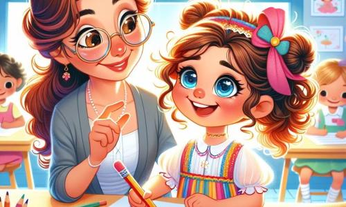 A 4-year-old girl named Mila, with big bright eyes and curly hair, is sitting at a wooden table. She has a joyful smile and a focused expression, holding a colored pencil in her hand. Next to her, her teacher, Miss Daisy, a smiling woman in her thirties with round glasses and brown hair, encourages her with a kind look. The scene takes place in a bright classroom decorated with children's drawings and colorful garlands, with windows letting in sunlight. Mila is writing a poem for Father's Day, surrounded by colorful papers and pencils, while cheerful classmates are creating their own gifts around her.