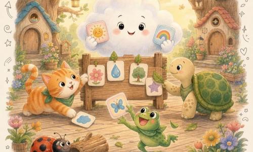 The main character is Noah, a small fluffy white cloud with a round face, bright black eyes and a gentle proud smile, delicately holding colorful rounded pictograms; his friends gather in a village-square workshop among little treehouses and warm late-afternoon light: Moppet the orange-and-white tabby cat sits left, playful and curious, pawing at a fallen poster; Lila the slow spotted green-shelled turtle sits right, calm and kind, gently placing a leaf to stick an image with her shell; Pip the small green frog, round bright eyes, joyful and leaping, grabs a pictogram near a puddle; Zuzu the bouncing red-and-black ladybug laughs as she tucks a sheet under a small log; together they form a cooperative circle repairing and repositioning glowing rounded pictograms after a gust of wind, in a warm pastel palette with pencil-and-watercolor textures and floating doodles like arrows, hearts and stars.