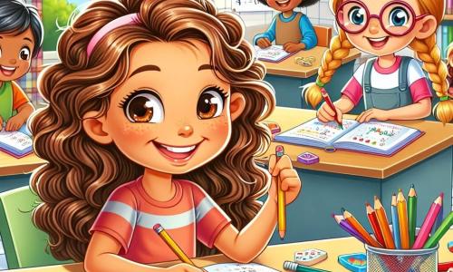 Uma menina de 8 anos, Clara, com cabelos cacheados castanhos e olhos brilhantes de curiosidade, está sentada a uma mesa em uma biblioteca escolar. Ela sorri amplamente, demonstrando alegria e concentração enquanto segura um lápis e um caderno, pronta para resolver problemas de matemática com entusiasmo. Ao lado dela, sua melhor amiga Ana, também de 8 anos, com cabelos loiros trançados e óculos redondos, observa Clara com um sorriso encorajador. Ana segura um jogo de tabuleiro colorido, pronto para tornar o aprendizado mais divertido. A biblioteca é clara e acolhedora, com prateleiras cheias de livros de capas coloridas, cartazes educativos nas paredes e janelas que deixam entrar a luz do sol. A cena principal mostra Clara e Ana trabalhando juntas, cercadas por seus amigos, todos envolvidos em jogos de matemática, rindo e compartilhando ideias, criando uma atmosfera alegre e colaborativa.