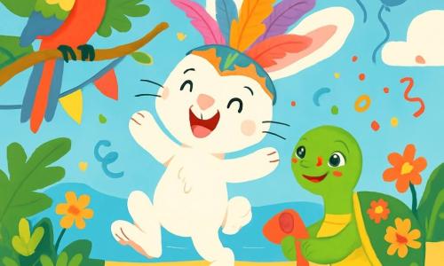Um coelhinho branco e fofinho, chamado Pipoca, salta de alegria com um grande sorriso no rosto, suas grandes orelhas em pé, usando um chapéu de carnaval colorido adornado com penas brilhantes. Ao lado dele, uma tartaruga verde chamada Tina, com uma carapaça decorada com flores, observa Pipoca com olhos brilhantes de excitação, segurando um rolo de papel crepom em suas patas. Um papagaio de penas vibrantes, chamado Pepe, está empoleirado em um galho próximo, cantando alegremente, com as asas abertas, acrescentando à atmosfera festiva. O cenário é uma ilha ensolarada, repleta de flores coloridas, frutas tropicais e guirlandas de papel flutuando ao vento. Ao longe, vêem-se balões flutuantes e confetes no ar. A cena mostra Pipoca, Tina e Pepe preparando juntos seus trajes para o concurso de carnaval, cercados por uma atmosfera alegre e festiva.