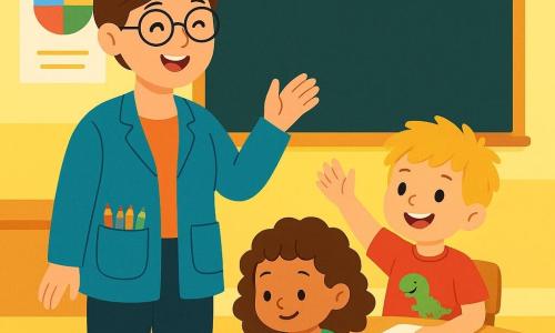 Uma professora sorridente, na casa dos trinta anos, com cabelos castanhos presos em um coque e óculos redondos, está diante de uma turma. Ela usa um bonito casaco azul com bolsos cheios de lápis coloridos, e seu rosto irradia bondade e alegria. Ao lado dela, um menino de 7 anos, com cabelos loiros bagunçados, levanta a mão entusiasticamente, com um grande sorriso no rosto. Ele veste uma camiseta vermelha com um desenho de dinossauro. Um pouco mais longe, uma menina de 6 anos, com cabelos cacheados e um vestido verde com flores, desenha concentrada em uma folha de papel, cercada por lápis de todas as cores. A cena acontece em uma sala de aula iluminada, com paredes pintadas de amarelo pastel, cartazes coloridos pendurados e um grande quadro negro ao fundo. Mesas de madeira estão dispostas em círculo, e um tapete macio está no centro da sala. A professora explica com paixão a importância das diferenças, enquanto as crianças escutam atentamente, cativadas por suas palavras. Sorrisos e risadas enchem o ar, criando uma atmosfera calorosa e alegre.