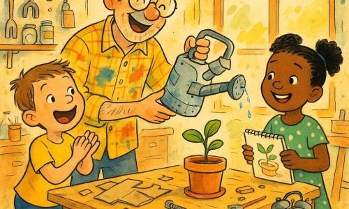 Tomás, homem de cabelos grisalhos despenteados e óculos redondos, sorrindo e emocionado, segura um regador improvisado que verte suavemente água sobre uma pequena planta; à esquerda, Lucas, cerca de 7 anos, camiseta amarela, pula e aplaude maravilhado; à direita, uma menina de ~8 anos com cabelo preto em rabo e vestido verde de bolinhas segura um caderno de esboços e sorri pronta para sugerir melhorias; todos estão num mini-laboratório caseiro bagunçado com materiais de bricolagem, prateleiras de madeira e uma grande janela que deixa entrar luz dourada da manhã, celebrando quietamente a invenção que finalmente funciona, em clima caloroso com tons quentes e contrastes suaves.