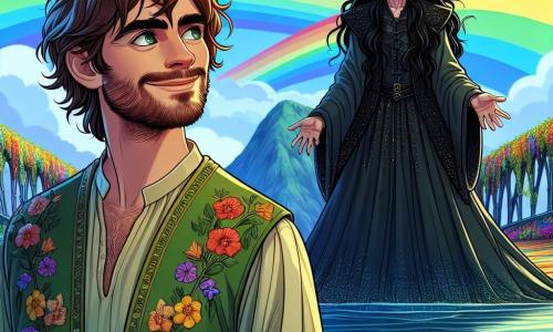 A man named Oliver, around 30 years old, stands bravely on a vibrant rainbow bridge, his eyes shining with determination. He has messy brown hair, a light beard, and wears a green tunic adorned with floral patterns. His expression is both resolute and joyful, ready to face the challenge ahead. Beside him, Malvina, a woman around 40, stands with a proud yet less threatening posture. She has long black hair cascading in waves around her face and wears a dark dress that glimmers slightly, as if made of stars. She watches Oliver with a mix of surprise and respect, realizing he is stronger than she had imagined. The scene takes place on a majestic bridge made of bright colors, spanning over a sparkling river. The waters below reflect the colors of the sky, while multicolored flowers line the banks, creating an enchanted atmosphere. The main situation shows Oliver confronting Malvina, the witch, on the bridge. He stands firm, ready to prove his bravery, while Malvina, though still powerful, begins to recognize the strength of his heart. Both characters are surrounded by magical light illuminating the scene, symbolizing the struggle between courage and darkness.