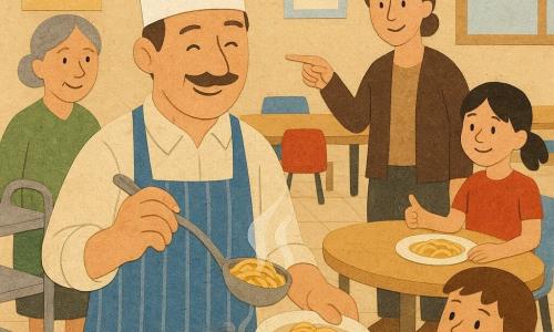 Uno chef di circa 40 anni, sorriso dolce e occhi ridenti, con una grande toque bianca inclinata e un grembiule blu a righe, versa pasta fumante in piatti di porcellana con gesto calmo e preciso; la signora Ada, capelli grigi raccolti, casacca verde, tiene un grande carrello metallico a sinistra e osserva con benevolenza; la maestra Lina, capelli corti castani e abbigliamento sobrio, sta a destra sorridendo e indicando la tavola dove si siedono i bambini; un ragazzo di circa 8 anni, capelli castani e maglietta gialla, fa la fila con un vassoio, curioso e attento; una bambina di circa 7 anni, capelli neri a coppie e vestito rosso, è seduta a un tavolo tondo vicino, guarda la pasta fumante con il pollice alzato. La mensa scolastica è una sala ampia e luminosa con lunghe tavole in legno chiaro, sedie multicolori, pavimento beige, poster alle pareti e una grande finestra che diffonde una luce pomeridiana soffusa. La scena mostra lo chef che serve pasta al dente con sottili sbuffi di vapore, bambini attenti, gesti di condivisione e un'atmosfera calda e ordinata; resa come carta ritagliata con bordi incollati, colori vivaci e contrastati.
