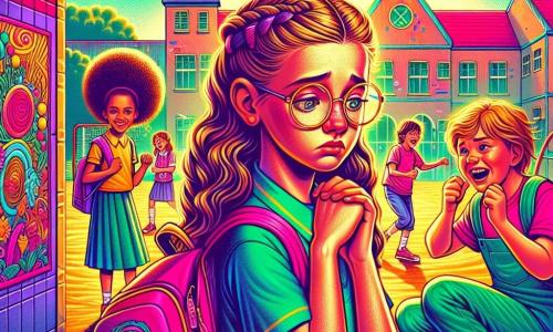 O fetiță de 8 ani, Sara, cu părul lung și brunet și ochi strălucitori, stă în centrul scenei, având un aer îngrijorat și trist, cu sprâncenele frunțate și mâinile strânse pe rucsacul ei roz. Lângă ea, Raluca, o altă fetiță de 8 ani, poartă ochelari rotunzi și are părul blond împletit, privindu-și pământul cu lacrimi în ochi, în timp ce două alte fete, de aproximativ 8 ani, cu părul creț și tricouri colorate, râd și se iau de ea. Scena are loc într-o curte de școală animată, înconjurată de ziduri pictate în culori vii, cu jocuri și copii care se joacă în depărtare. În prim-plan, Sara se simte inconfortabil văzând-o pe Raluca plângând, în timp ce celelalte fete continuă să râdă, creând o atmosferă de tristețe și neînțelegere.