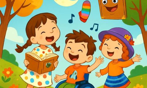 There are 3 characters: Mia, a 5-year-old girl with shiny braids and sparkling eyes, wearing a colorful polka dot dress and holding a book with golden pages; Ben, a cheerful 5-year-old boy in a blue wheelchair decorated with stars, with messy brown hair and a rocket-printed t-shirt; and Lila, a 5-year-old girl wearing a purple felt hat adorned with flowers, with curly hair and a striped skirt, holding a wool mitten. The three friends stand on a green hill surrounded by colorful flowers and tall trees with golden leaves, under a bright blue sky. Below, there's a small village with wooden houses and red-tiled roofs. The main scene shows the children joyfully singing and dancing while waving a colorful mitten towards the moon above them, ready to borrow the mitten. A book with button eyes, Sir Snip-Snap, floats beside them, with a funny expression on its cover.