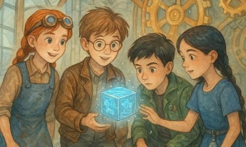 Four children around a levitating Cube of Echoes projecting a small blue holographic map: Milo, ~11, slim, light brown tousled hair, brown leather jacket and round glasses, center-front holding the floating silver cubical box; Elara, ~12, red braided hair, copper welder goggles on her forehead, oil-stained overalls and a mischievous smile, left of Milo looking at the cube; Jax, ~11, short black hair, green jacket with pockets of screws and tools, crouched right of Milo examining the cube; Mira, ~10, long black braids, simple blue dress with a small vial of water at her belt, slightly behind-right touching the cube with her left hand and resting a hand on Jax’s shoulder. They are inside a tall, bright mechanical tower of glass and polished metal with intertwined copper pipes, large golden gears in the background, blue luminous cables on the floor and bioluminescent plants between metal plates; the scene is centered, tense but full of wonder, warm lights and metallic reflections, soft sparks around the cube and droplets on Mira’s vial, expressions of astonishment and solidarity.