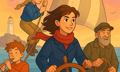 The scene shows Captain Mina, about 17, with bright eyes and wind‑swept brown hair, wearing a short navy coat and a floating red scarf, smiling determinedly as she grips the wooden tiller of the Sea‑Sparrow; behind her and slightly above stands Bea, ~16, athletic with a blonde braid, tying a rope on the rear mast; to Mina’s left by the rail Pippin, ~14, small and cheerful with tousled hair, blows a flute; to her right on deck Old Tom, ~58, wrinkled with a gray beard and worn cap, holds a bucket of rope and laughs; the Sea‑Sparrow is a small wooden sailboat with light planks, a beige striped mainsail, a bird pennant, textured boards and salt stains, sparkling waves around it; in the background the white silhouette of Silverstone lighthouse sits on a rocky islet under a pastel sunset sky with pink clouds and gulls; the crew salutes the lighthouse while sailing gently, warm atmosphere, saturated contrast, sharp lines, composition centered on Mina and the tiller, a hopeful farewell expression.