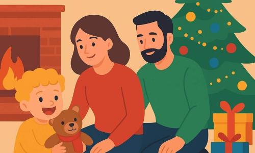 A 2-year-old boy named Tom, with curly blond hair and sparkling eyes, is sitting on the floor, a big smile lighting up his face. He is holding a small teddy bear with a red scarf, hugging it tenderly. Next to him, his mother, about 30 years old, with brown hair and a gentle face, is crouched down, looking at Tom with love. She is wearing a festive red sweater. A man, about 32 years old, his father, with black hair and a light beard, is sitting behind them, adjusting a colorful electric train that circles the Christmas tree. The living room is warm and welcoming, with a large Christmas tree decorated with twinkling lights and colorful ornaments. Wrapped gifts are scattered around the tree, and a red brick fireplace adds a touch of coziness. The main scene shows Tom, beaming with joy, as he plays with his teddy bear and watches the train go by, capturing the joyful and family spirit of Christmas.