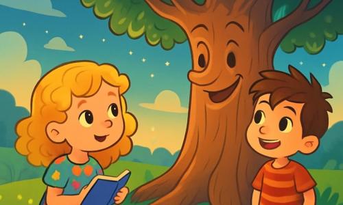 There are two main characters:  
- Lily: an 8-year-old girl with golden curls and bright eyes like the summer sky. She wears a colorful flower dress and holds a small notebook in her hands, ready to ask questions.  
- Max: an 8-year-old boy with messy hair and a bright smile. He wears a striped t-shirt and shorts, looking at Lily with curiosity, hands in his pockets.

The main setting is an enchanted meadow bathed in golden light. The grass is vibrant green, dotted with colorful flowers dancing in the gentle breeze. In the center of the meadow stands a majestic tree with gnarled branches and shimmering leaves, seemingly whispering secrets. The sky is a deep blue, scattered with fluffy clouds and a few twinkling stars beginning to appear.

The main situation shows Lily and Max sitting under the tree, talking to it, amazed by its ability to answer their questions. They exchange fascinated glances, surrounded by the magical beauty of the meadow, as the wind gently rustles the leaves around them.