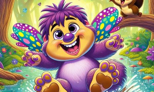 In the center of the image, a cheerful monster named Wobble, a boy with bright purple fur, colorful spotted wings, and a big honking nose, is sliding on his belly across a slippery path, laughing heartily. His eyes sparkle with mischief and his wide smile lights up his face. Next to him, his best friend, Nibbles, a small brown squirrel with bright eyes, jumps for joy, his little paws raised in the air, applauding Wobble's feat. He is perched on a tree branch, surrounded by vibrant green leaves. The setting is Snicker Swamp, a magical place where trees have smiling faces and the water sparkles with a thousand reflections. Colorful flowers dance in the gentle breeze, and bubbles of laughter escape from the streams. The scene captures the hilarious moment when Wobble slides down the slippery path, causing an explosion of laughter and joy, while Nibbles enthusiastically cheers him on.