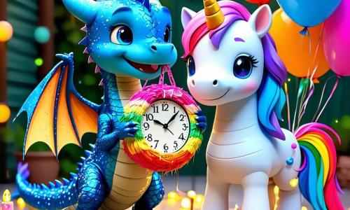 Un pequeño dragón azul con escamas brillantes y alas de purpurina, llamado Zipo, sonríe con ojos chispeantes de emoción. Se encuentra en el centro de una terraza decorada con guirnaldas luminosas y globos de colores, sosteniendo una piñata en forma de gran reloj, listo para hacerla estallar. A su lado, una unicornio de crines arcoíris, llamada Pelusín, ríe alegremente, con ojos brillantes de travesura, mientras cuelga una guirnalda de serpentinas. Un grifo travieso, Lilo, vuela justo por encima, con una amplia sonrisa y plumas doradas, listo para hacer una broma lanzando confeti. La terraza está situada en la cima de un edificio, ofreciendo una vista espectacular de una ciudad iluminada por fuegos artificiales de colores, con estrellas brillantes en el cielo nocturno. La escena emana una atmósfera festiva y alegre, llena de risas y anticipación por la celebración del Año Nuevo.