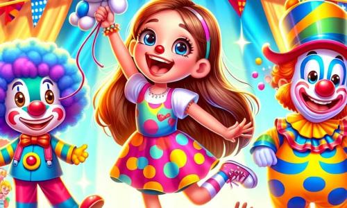 În centrul imaginii se află **Ana**, o fetiță de 8 ani cu păr lung și brunet, îmbrăcată într-o rochie colorată cu buline, care zâmbește fericită ținând un câine din baloane. Lângă ea se află **Momo**, un clovn cu nas roșu, perucă colorată și costum cu dungi, care face o grimasă amuzantă. Puțin mai departe, **Bella**, o fetiță clovn cu păr creț și o pălărie în formă de balon, ține un buchet de baloane colorate și râde cu poftă. În final, **Titi**, un băiat clovn cu pielea vopsită în albastru și costum cu buline, face o poză comică, ridicând brațele în aer. Decorul este un circ vibrant, cu un mare cort în dungi roșii și albe în fundal, lumini strălucitoare și ghirlande de steaguri colorate fluturând în vânt. Spectatorii uimiți stau în jur, aplaudând și râzând, în timp ce animale de circ, precum un elefant și un cal, se află în apropiere, adăugând la atmosfera festivă. Situația principală arată cum Ana și prietenii ei clovni își pregătesc numărul de circ, cu baloane și accesorii împrăștiate în jur, în timp ce schimbă glume și râd împreună, creând o atmosferă veselă și plină de magie.