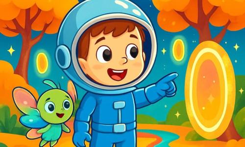 Un joven llamado Lucas, con un brillante casco espacial plateado y una sonrisa maravillada, se encuentra en el centro de la imagen. Lleva un traje espacial azul resplandeciente, con sus ojos brillando de curiosidad. A su lado, Fizz, un pequeño ser con alas brillantes y multicolores, vuela alegremente, mostrando a Lucas un portal mágico. El escenario es un paisaje fantástico: un planeta con árboles de hojas doradas, ríos de aguas cantantes de colores vivos y estrellas gigantes flotando en el cielo. Portales luminosos flotan entre los árboles, iluminando la escena con una suave luz. La situación principal muestra a Lucas y Fizz explorando este mundo mágico, con Lucas señalando un portal brillante, listo para vivir una nueva aventura.