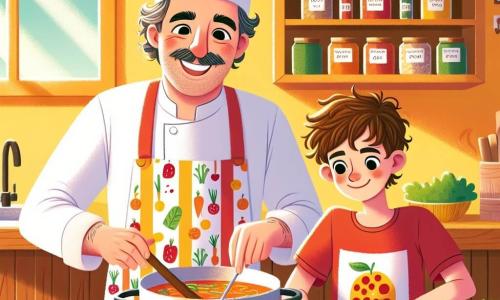 Un cuoco, un uomo di quarant'anni con un grande sorriso e un cappello da chef bianco, si trova al centro della cucina. Ha i capelli castani leggermente ricci e indossa un grembiule colorato con motivi di verdure. Sta mescolando una grande pentola di zuppa, con un'espressione gioiosa e concentrata. Accanto a lui, un ragazzo di dieci anni, di nome Luca, ha gli occhi brillanti di eccitazione. Ha i capelli castani corti e indossa una maglietta rossa con un motivo di pizza. Sta tagliando carote con un coltello di plastica, guardando Marco con ammirazione. La scena si svolge in una cucina calda e colorata, con pareti giallo vivo, scaffali pieni di barattoli di spezie e verdure fresche disposte su un bancone di legno. La luce del sole entra da una finestra, illuminando la stanza con un'atmosfera gioiosa. Marco e Luca stanno cucinando insieme, condividendo risate e storie mentre preparano una deliziosa zuppa, simboleggiando l'amicizia e la magia della cucina.