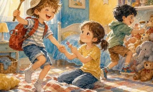 Tre fratelli giocano alla "vendita del tempo" in una piccola camera calorosa dai muri blu e gialli: il bimbo di 6 anni, allegro e birichino, capelli castano chiaro scompigliati, cappello da pescatore e zainetto rosso, salta su una coperta usata come bancarella tenendo un cucchiaio di legno come "bastone della parola"; la sorella di 8 anni, paziente e sorridente con trecce e maglietta gialla, seduta vicino al letto tiene la mano del fratello e gli porge una caramella; il fratello di 7 anni, vivace e in corsa, capelli neri corti e scarpe colorate, corre con una piccola clessidra di plastica verso la pila di peluche; tappeto a righe, mensola con libri e peluche e luce solare morbida completano l'atmosfera gioiosa e dinamica.