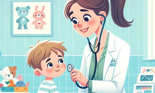 La doctora Lila es una mujer sonriente de unos treinta años, con el cabello castaño recogido en una coleta. Lleva una bata blanca, un estetoscopio alrededor del cuello y una cálida sonrisa en su rostro, mostrando su amor por los niños. Está escuchando el corazón de un niño llamado Tomás, de aproximadamente 7 años, con cabello rubio desordenado y mejillas sonrosadas. Tomás está sentado en la mesa de examen, un poco inquieto pero reconfortado por la presencia de la doctora Lila. La escena tiene lugar en una clínica colorida y acogedora, con paredes pintadas de azul claro y dibujos de animales sonrientes. Hay juguetes esparcidos por el suelo y una estantería llena de libros para niños. La situación principal muestra a la doctora Lila examinando a Tomás, que tose ligeramente, mientras ella le habla suavemente para tranquilizarlo. La luz suave de la clínica crea una atmósfera cálida y apacible, ilustrando el vínculo especial entre la doctora y sus jóvenes pacientes.
