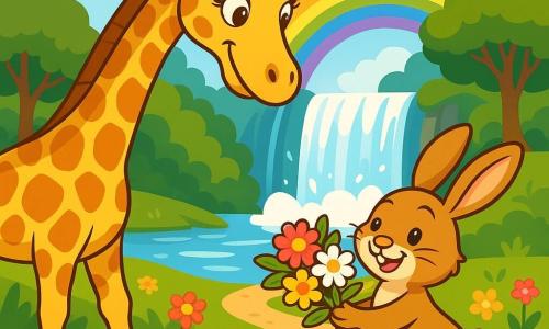 Una maestosa giraffa di nome Gilda, con un lungo collo elegante e macchie dorate sul suo manto, si piega con un sorriso caldo e benevolo. I suoi grandi occhi brillano di empatia mentre allunga il collo verso un piccolo coniglietto di nome Tobia, che ha pelo morbido e un'aria gioiosa, saltellando intorno a lei con le orecchie ritte. Lo scenario si trova vicino a una splendida cascata, dove l'acqua scintilla sotto il sole, creando un arcobaleno vibrante. Fiori colorati costeggiano il sentiero e alberi verdi si ergono sullo sfondo, aggiungendo un tocco di magia alla scena. Gilda aiuta Tobia a raggiungere un bel mazzo di fiori, illustrando un momento di gentilezza e amicizia tra i due personaggi.