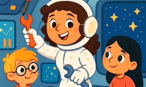 Una ingeniera espacial, Carla, una mujer de cabello castaño y rizado, lleva un brillante traje blanco que brilla bajo las luces de la estación. Tiene una sonrisa decidida y ojos llenos de emoción mientras repara un cable con una llave inglesa. A su lado, Lucas, un niño de 10 años con gafas redondas y cabello rubio despeinado, sostiene una caja de herramientas, listo para ayudarla. Sara, una niña de 9 años con cabello largo y negro, mira por la ventana, asombrada por las estrellas que brillan en la inmensidad del cosmos. La escena transcurre en el interior de la estación espacial Aurora, un lugar futurista con paredes plateadas y luces de colores que parpadean. Las pantallas muestran mapas estelares y gráficos, mientras que las ventanas ofrecen una vista espectacular de un océano de estrellas brillantes. La situación principal muestra a Carla reparando la estación, con Lucas y Sara a su lado, todos concentrados y unidos en su misión. Las luces de la estación se apagan y se encienden, creando una atmósfera mágica, mientras trabajan juntos para restaurar la seguridad de su nave.