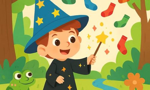 Simón, un aprendiz de mago de 7 años, lleva un gran sombrero puntiagudo azul decorado con estrellas doradas y una túnica negra con destellos de luz. Su rostro está iluminado por una sonrisa traviesa, y agita su varita mágica en forma de varita brillante, rodeado de pequeñas estrellas. Rosita, una pequeña rana verde con manchas amarillas, está sentada en una piedra cerca de Simón. Ella lo mira con ojos redondos y curiosos, lista para animarlo en sus intentos mágicos. La escena tiene lugar en un bosque encantado, donde los árboles son altos y majestuosos, y sus hojas brillan como esmeraldas bajo el sol. Flores coloridas salpican el suelo, y un pequeño arroyo murmura suavemente cerca. Simón intenta lanzar un hechizo para hacer aparecer una montaña de panqueques, pero en su lugar, una lluvia de calcetines multicolores cae a su alrededor, creando un ambiente alegre y divertido.