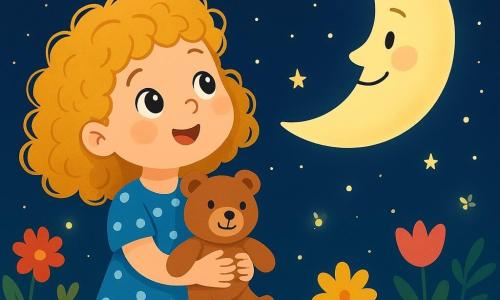 A 4-year-old girl named Lila, with curly golden hair like sun rays, gazes with bright eyes at the vast starry sky. She wears a blue polka-dot dress, and her face shows curiosity and joy. In her arms, she hugs her teddy bear, Mr. Snuggles, who has a gentle smile and button eyes. Beside her, the large, bright crescent moon seems to listen like a caring friend. The garden is filled with colorful flowers swaying gently in the night breeze, and fireflies twinkle around them, adding a magical touch to the scene. The main setting is Lila's garden, bathed in silver moonlight, with flowers blooming in the dark and the sky dotted with bright stars. Lila, in wonder, wonders why the moon watches over her, creating a dreamlike and mysterious atmosphere.