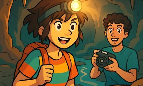 A young woman, Mara, with messy brown hair and sparkling determined eyes, stands at the edge of a dark abyss, her face illuminated by the light of her headlamp. She wears a sturdy backpack and a colorful t-shirt, her expression both curious and resolute, ready to explore the unknown. Beside her is a young man named Kito, about 20 years old, with curly hair and a mischievous smile, holding a camera and watching the scene with an admiring gaze. Their environment is a vast underground cave, with shimmering stalactites hanging from the ceiling and an underground river winding through smooth rocks, reflecting the light from their lamps. Shadows dance on the walls, creating a mysterious and magical atmosphere. The main situation shows Mara and Kito preparing to descend into the abyss, their faces lit up with excitement and anticipation for the adventure ahead.