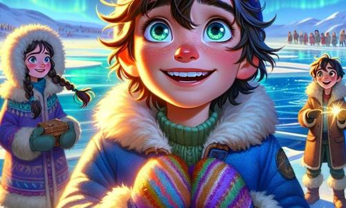 Um garoto de 12 anos, Miguel, com cabelos castanhos bagunçados e olhos brilhantes de curiosidade, está de pé em uma praia de gelo, com um sorriso maravilhado iluminando seu rosto. Ele usa um grosso casaco azul, um gorro de lã e luvas coloridas, enquanto observa o céu onde dançam as auroras boreais em tons verdes e violetas. Ao seu lado, Jonas, um garoto de 13 anos com cabelos negros e olhos vivos, veste um casaco tradicional de pele. Ele sorri, demonstrando seu entusiasmo, enquanto segura uma pequena caixa de madeira nas mãos. Mais adiante, Mia, uma menina de 11 anos com tranças e um casaco vermelho vibrante, observa a cena com olhos brilhantes, ansiosa para descobrir o segredo da pedra da sorte. O local é uma vasta extensão de gelo, com blocos de gelo cintilantes sob o sol e montanhas cobertas de neve ao fundo. O céu é de um azul profundo, salpicado de nuvens leves, enquanto as auroras boreais iluminam o horizonte. A cena principal mostra Miguel, Jonas e Mia em plena exploração, descobrindo a beleza mágica da Groenlândia, unidos por sua busca por aventura e mistério, cercados pela natureza selvagem e deslumbrante.