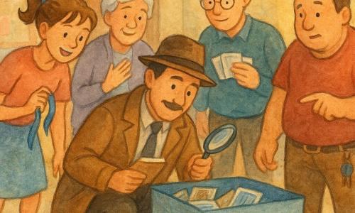 Um detetive de meia-idade (~45 anos), calmo e sorridente, com um casaco bege, agacha-se com um caderninho na mão esquerda e uma lupa na direita para olhar dentro de uma grande caixa cinza etiquetada "ACHADOS"; Dona Celeste (~65 anos) parece aliviada com a mão no peito, atrás dele junto a uma porta de madeira; Vera (~28 anos), professora de dança, tímida e enérgica, com um fio de cabelo azul preso, segura uma fita azul e se inclina para a caixa com um sorriso; Tomás (~40 anos), bibliotecário de óculos redondos, segura fotos e cartas à direita do grupo; Quim (~50 anos), porteiro robusto com chaveiro na cintura, aponta timidamente para o móvel onde a caixa estava; cena num centro comunitário acolhedor com paredes decoradas, estantes de madeira, chão de azulejo claro com pontinhos de purpurina e uma janela alta entreaberta deixando entrar um raio de luz; descoberta alegre e serena de uma caixa azul de lembranças no fundo da caixa de achados, rostos aliviados e mãos recolocando fotos, atmosfera colaborativa e leve.