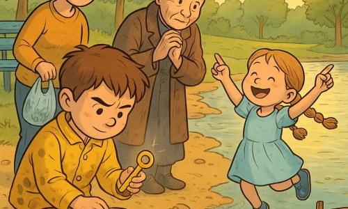Um menino de 6 anos, olhar curioso e concentrado, sobrancelhas franzidas e sorriso tímido, cabelo castanho despenteado, veste um casaco amarelo com manchas de lama; ajoelha-se na areia húmida junto a uma grande pedra e segura uma pequena chave dourada brilhante entre os dedos. Uma menina de ~4 anos, de tranças e vestido azul claro, com sapatos com estrelas, salta de alegria ao lado do menino apontando para um pequeno barco de madeira ancorado na margem. Uma mulher idosa de ~70 anos, cabelo grisalho em coque, casaco castanho gasto, mãos trémulas e olhar emocionado, está de pé perto de um banco de madeira pintado de azul lascado, preparada para recuperar seu objeto precioso. A mãe do menino, mulher de ~30 anos, cabelo preso e sorriso suave, fica um pouco atrás segurando um saco plástico transparente com um par de luvas azuis. Parque à beira de um pequeno rio, margem arenosa com pedras lisas, árvores e relva verde, barco de madeira com escotilha aberta e reflexos dourados do sol na água. Situação principal: o menino descobre a chave enterrada na areia e abre a escotilha do barco enquanto a menina observa maravilhada e a velha se prepara para recuperar o objeto. Estilo visual: cores quentes e nítidas, contornos finos negros, expressões faciais legíveis e exageradas, texturas detalhadas de tecido e madeira, atmosfera alegre e suave, composição centrada nas mãos do menino e na chave brilhante.