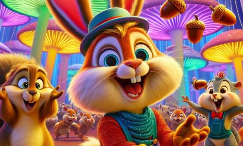 Rufus, a shimmering multicolored rabbit with large expressive ears, is juggling acorns while laughing heartily, his eyes sparkling with joy. Next to him, Squeaky, a mischievous squirrel wearing a small top hat, claps enthusiastically, his face beaming with pride and amusement. In the background, a group of animals, including a hen named Clucky, is laughing with wide eyes as an acorn flies overhead. The scene takes place in the vibrant Mushroom House, with giant mushroom walls in bright hues and a ceiling sparkling with dazzling lights, creating a festive and playful atmosphere. At the center of this joyful chaos, Rufus, with a spaghetti hat on his head, is in the midst of a hilarious juggling competition, with acorns flying in all directions, causing bursts of laughter among all the animals present.
