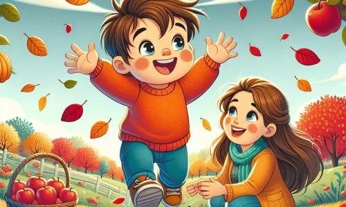 Een kleine jongen van 2 jaar, met rommelig bruin haar en roze wangen, kijkt verwonderd naar de herfstbladeren die om hem heen vallen. Hij draagt een feloranje trui en een blauwe broek, en hij steekt zijn armen uit naar de bladeren, met een grote glimlach op zijn gezicht. Naast hem kijkt zijn moeder, een vrouw van ongeveer 30 jaar met lang kastanjebruin haar en een gele jas, liefdevol naar hem terwijl ze een klein mandje met rode appels vasthoudt. Ze staat een beetje op de achtergrond en moedigt haar zoon aan om te verkennen. De setting speelt zich af in een boomgaard, waar de bomen vol met rode vruchten hangen en de bladeren op de grond een kleurrijk tapijt van rood, geel en oranje vormen. De lucht is blauw met enkele witte wolken, en de zon schijnt zachtjes, wat de scène verlicht. De hoofdactie toont de kleine jongen die vrolijk in een hoop bladeren springt, terwijl zijn moeder hem met een glimlach gadeslaat, wat een warme en vrolijke herfstsfeer creëert.