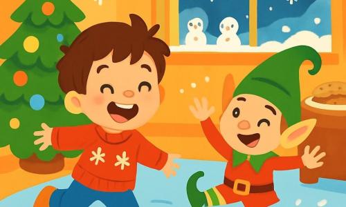A 4-year-old boy, Tommy, with messy brown hair and sparkling eyes, is sliding on an icy floor, laughing joyfully. He wears a red sweater with snowflake patterns and blue pants. Next to him, a Mischievous Elf, a small elf with fair skin, pointy ears, and a big mischievous smile, wears a bright green hat and a red outfit. He is twirling in the snow, adding a touch of magic to the scene. The room is warm and festive, with a Christmas tree sparkling with colorful lights and decorated with shiny ornaments. Snowflakes gently fall outside the window, creating a magical atmosphere. Tommy and the Mischievous Elf are having fun sliding and playing in the snow, surrounded by handmade snowmen on the windowsill, while a delicious aroma of freshly baked cookies wafts through the air.