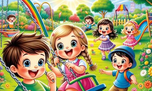 A 4-year-old boy named Sam, with messy brown hair and sparkling eyes, is sitting on a swing in the park, smiling widely and shouting with joy. Next to him, Mia, a 4-year-old girl with braided blonde hair and a pink dress, is enthusiastically pushing the swing, laughing heartily. Ben, a 4-year-old boy with black hair and a blue cap, stands a little further away, ready to jump on the swing after Sam, with a big smile on his face. The park is lush with large trees, colorful flowers dancing in the wind, and a bright blue sky dotted with a few white clouds. In the background, a colorful slide and children playing joyfully can be seen. The main scene shows Sam having fun on the swing, surrounded by his friends, all laughing and enjoying a beautiful sunny summer day.