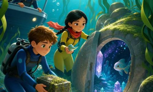 A 10-year-old boy with short brown hair, a few freckles, and bright green eyes kneels in a shallow sandy clearing underwater in a blue wetsuit, gently holding a small algae-covered metal box; nearby Mina, about 10, fair-skinned with braided black hair and a red scarf, in a yellow wetsuit, calmly points with a small shell toward a stone-door beside the boy; Captain Rosa, about 45, tanned with foamy curly hair and a kindly watchful expression, stands on the edge of a small boat above them; they are in a dense kelp forest of long emerald fronds in crystalline turquoise water with light rays piercing to the bottom, flat mossy rocks, and a sand-integrated stone-door whose hinge-shaped fissure and crystal-lined cavity open onto a small crystalline chamber guarded by a little fish; silver bubbles rise slowly, kelp ribbons undulate like drapery, and the box at the center emits a soft glow—an underwater scene of respectful discovery and wonder.