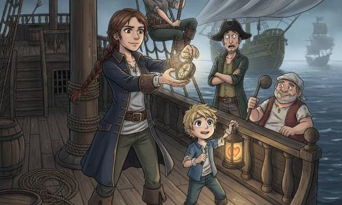 Mara, a ~25-year-old pirate with a determined calm face, dark eyes, a brown braid tied with a red ribbon, wearing a worn navy coat and muddy boots, holds a tarnished metal compass raised with a resolved, relieved expression; Lint, a 13-year-old blond boy of small stature, stands near her on the wet wooden deck holding an orange lantern that pulses like a heart, eyes full of wonder; Yara, an 18-year-old slim agile woman with short black hair, grins mischievously while hanging from a rope on the mast behind Mara; Jory, a 60-year-old stocky cook with a wrinkled face and salt-and-pepper beard, stands by the rail with a ladle, looking relieved and amused; Captain Brine, a 45-year-old tall man with an exaggerated hat and a gold tooth, stands back on his green-and-gold ship looking surprised and humbled; the scene is a pirate ship’s wet wooden deck scattered with ropes and barrels, dark sea around, silver mist receding and cold moonlight reflecting on the water as Mara returns the compass to the sea—the compass glows faintly, the mist pulls back like a curtain, ghostly ship silhouettes fade, and tension gives way to visible relief on everyone’s faces.