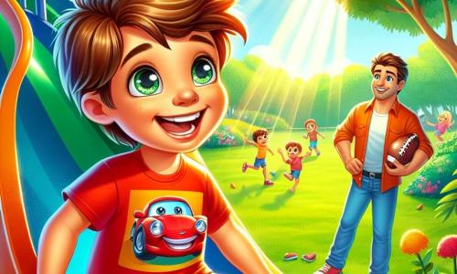 An 8-year-old boy, Tommy, with messy brown hair and sparkling curious eyes, stands on a slide in a sunny park. He wears a red t-shirt with a car design and blue shorts, displaying a big joyful smile and an excited look. Next to him, his father, a man around 35 with brown hair and a light beard, looks at him proudly while holding a football in one hand. They are surrounded by green trees with shiny leaves and colorful flowers, while a group of children plays in the distance on the grass. The scene exudes happiness and camaraderie. Tommy is about to slide down the slide, ready for a new adventure, while his father encourages him with a warm smile.
