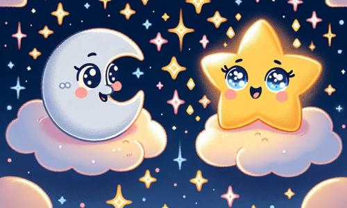 In a starry sky, a small star named Twinkle shines brightly, her golden rays sparkling like diamonds. She has a joyful and curious face, with large, excited eyes, gently floating above a fluffy cloud. Next to her, Luna, the moon, appears as a large silver sphere, soft and benevolent, with a soothing smile. She looks at Twinkle with tenderness, her eyes shining with wisdom, encouraging her to continue her quest. The setting is a vast night sky filled with twinkling stars and light clouds, where a gentle breeze makes the stars dance. In the background, the silhouette of a cloud temple is illuminated by bursts of light. The main scene shows Twinkle, full of enthusiasm, asking Luna why she shines, while the moon offers her advice with a calm and encouraging expression.