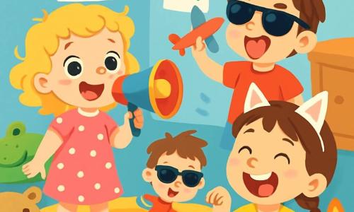 Czteroletnia dziewczynka, Zosia, z dużymi, błyszczącymi oczami i kręconymi blond włosami, radośnie uśmiecha się, trzymając kolorowy megafon. Ma na sobie różową sukienkę w kropki i paskowane skarpetki, stojąc na puszystym dywanie. Obok niej stoi pięcioletni chłopiec, Kuba, z rozczochranymi brązowymi włosami i okularami przeciwsłonecznymi, robiąc komiczną minę, trzymając zabawkowy samolot. Kolejna postać, Maja, czteroletnia dziewczynka z warkoczami w brązowych włosach i żółtą koszulką, naśladuje kota z papierowymi uszami na głowie, głośno się śmiejąc. Scena rozgrywa się w kolorowym pokoju dziecięcym, pełnym rozsypanych zabawek: pluszaków, klocków i poduszek w kształcie zwierząt. Ściany są pomalowane na jasnoniebiesko, a pokój ozdobiony jest rysunkami zwierząt. Główna sytuacja pokazuje Zosię, Kubę i Maję bawiących się razem, śmiejących się i bawiących z megafonem, wydających zabawne dźwięki i tworzących wyimaginowane postacie, pełne radości i energii.
