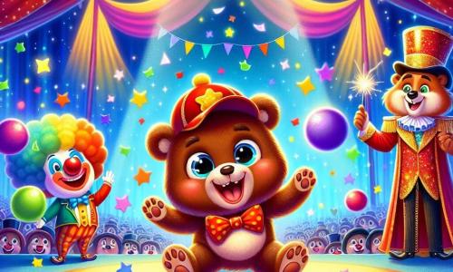 Un pequeño oso marrón llamado Bruno, con una adorable gorra roja, se encuentra en el centro de la escena, los ojos brillantes de emoción y una gran sonrisa en su rostro. Está haciendo piruetas, rodeado de coloridos confetis que caen del cielo. A su derecha, un alegre payaso con una gran nariz roja y cabello multicolor ríe a carcajadas mientras hace malabares con pelotas de colores. A la izquierda, un elegante mago con capa brillante y sombrero de copa observa a Bruno con orgullo, sosteniendo una varita mágica brillante. El decorado es una gran carpa de circo de colores vivos, adornada con guirnaldas luminosas y globos flotantes, con un público entusiasta al fondo, aplaudiendo y riendo. La escena está llena de magia y alegría, capturando el espíritu de un espectáculo de circo encantador donde Bruno, el oso mágico, se divierte entreteniendo a los espectadores.