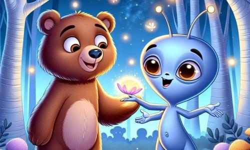 Un orso bruno di nome Arturo, con un pelo morbido e occhi rotondi e curiosi, si trova al centro della scena, mostrando un'espressione di meraviglia e gioia. Accanto a lui, un extraterrestre azzurro di nome Zali, con quattro braccia sottili e grandi occhi a mandorla, sorride con entusiasmo, tenendo un petalo luminoso tra le mani. Sullo sfondo, si estende una foresta incantata, con alberi dai tronchi argentati e fiori scintillanti che brillano alla luce della luna. La scena ritrae Arturo e Zali in una danza gioiosa, circondati da lucciole che illuminano la notte, creando un'atmosfera magica e amichevole.