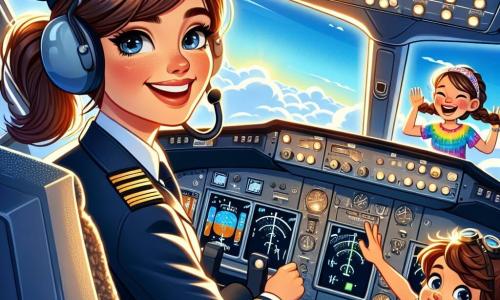 Clara, uma mulher piloto de avião, está no cockpit de um grande avião, com um sorriso radiante e uma expressão de determinação. Ela usa um uniforme azul-marinho com um boné de aviador, e seus cabelos castanhos estão presos em um rabo de cavalo. Ao lado dela, Miguel, um menino de cerca de 10 anos, com um boné de aviador e olhos brilhantes de excitação, olha pela janela, maravilhado com as nuvens abaixo. Sofia, uma menina de 9 anos, com tranças e uma camiseta colorida, está sentada atrás deles, levantando as mãos como se estivesse em montanhas-russas, rindo de alegria. O cockpit está cheio de luzes piscantes e instrumentos de navegação, com uma vista espetacular do céu azul pela grande janela da frente. Ao fundo, vêem-se nuvens brancas e um sol brilhante, criando uma atmosfera mágica. A cena mostra Clara pilotando o avião enquanto explica às crianças como funciona o voo, com uma sensação de aventura e aprendizado, onde a excitação e a curiosidade dos jovens passageiros se misturam à paixão de Clara pela aviação.