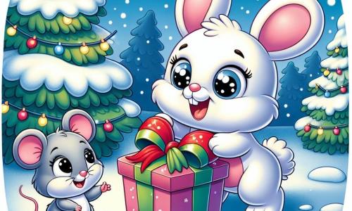 A small plush bunny with soft white fur, bright eyes, and a big smile is decorating a box with red ribbons and green bows. It looks joyful and excited, hopping on its hind legs. Next to it, a little gray mouse with large round ears and a small pink nose watches the box with wide-eyed surprise. It smiles with joy, standing on a small stone, admiring its friend's work. The scene takes place in a snowy forest, with snowflakes gently falling from the branches of the fir trees. The ground is covered in a white blanket, and sparkling lights adorn the surrounding trees. Bunny is preparing a Christmas surprise for Squeaky, the mouse, carefully decorating the box while the magic of Christmas envelops the forest.