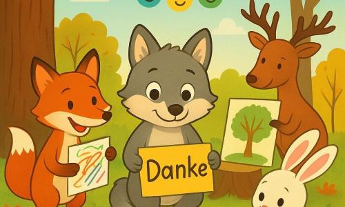Die Hauptfigur ist ein kleiner kindlicher Wolf mit weichem grauem Fell und cremefarbenen Akzenten, runden glänzenden Augen und schüchtern-warmem Lächeln, der in der Mitte sitzt und zärtlich eine bunte Papiergesichtskarte mit dem handgeschriebenen Wort Danke hält, links steht ein schlanker, schelmischer rotbrauner Fuchs mit strahlendem Lächeln, der ein flott gezeichnetes buntes Bild hält und sich zum Wolf neigt, rechts hockt ein weißer Hase mit großen rosa Ohren konzentriert und begeistert und koloriert Blumen mit dicken Stiften, im Hintergrund ein ruhiger, wohlwollender brauner Hirsch, der an einer großen Blattfläche einen Baum malt, alles spielt sich in einer sonnigen Ecke eines Waldparks ab mit strukturierter grüner Wiese, herbstlichem Laub in Rot- und Goldtönen, einer alten Eiche links und zwei jungen Buchen, zwischen denen eine Girlande aus bunten Papiergesichtern hängt, die Freunde bauen gemeinsam diese Girlande aus lächelnden Gesichtern mit zärtlichen Gesten, ausgeschnittenem Papier und bunten Bändern, goldenes Licht filtert durch die Zweige und schafft eine warme, kollegiale Stimmung.