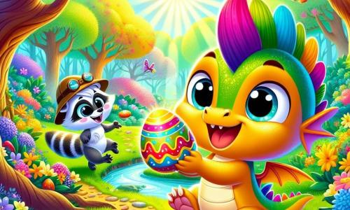 Flama, un pequeño dragón con escamas brillantes de colores arcoíris, está lleno de emoción y alegría. Tiene grandes ojos curiosos y una amplia sonrisa, mientras sostiene un huevo de Pascua dorado entre sus pequeñas patas. A su lado, Pipo, un pequeño mapache con un sombrero de explorador, salta de alegría, sus ojos brillando de entusiasmo, señalando hacia el cielo soleado. El escenario es un hermoso bosque primaveral, donde los majestuosos árboles con hojas brillantes susurran secretos y flores coloridas cubren el suelo. Rayos de sol atraviesan el follaje, iluminando el camino de la aventura. La escena principal muestra a Flama y Pipo descubriendo el huevo mágico junto a un arroyo brillante, rodeados de risas y colores vivos, mientras otros animales del bosque se acercan, curiosos y alegres, listos para celebrar juntos la magia de Pascua.