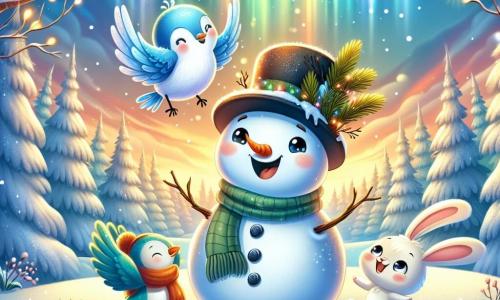 A cheerful snowman named Frosty, with a big snowy belly, a warm smile made of twigs, and a carrot nose, stands at the center of the scene, arms wide open in wonder, gazing at the dancing lights in the sky. To his right, a small blue bird with bright feathers and sparkling curious eyes joyfully flies around Frosty, singing winter stories, its wings spread and expression full of joy. To the left, an adorable white rabbit with large ears hops in the snow, its fluffy fur glowing with happiness, ready to share its own winter tales. The setting is an enchanted clearing surrounded by tall trees laden with sparkling snow, where the sun is slowly setting, casting golden shadows on the ground, while snowflakes gently fall, adding a touch of magic to the atmosphere. The main scene shows Frosty, the bird, and the rabbit together, awed by the northern lights dancing in the sky, sharing laughter and stories, filled with joy and friendship in this fairy-tale winter landscape.